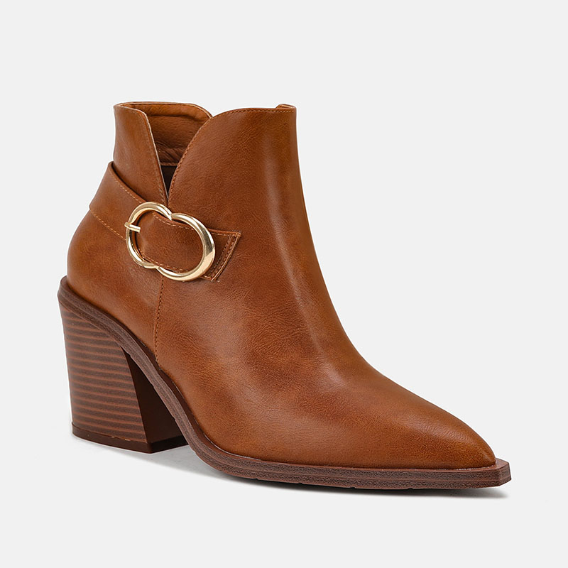 Metal Buckle Pointy Toe Chunky Heels Slit Ankle Boots