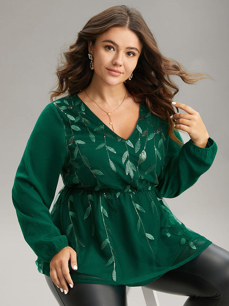 Leaves Embroidered Sequin Tiered Mesh Blouse