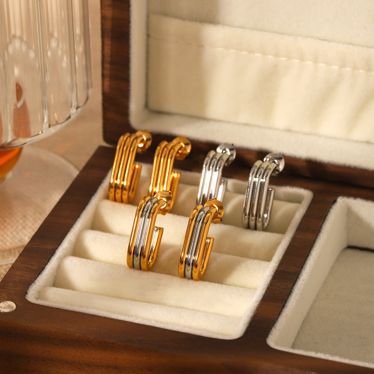 Ins Style Multi-Layer Titanium Steel Earrings 18K Gold Stainless Steel Linear Earrings Personality All-Match Earrings For Women