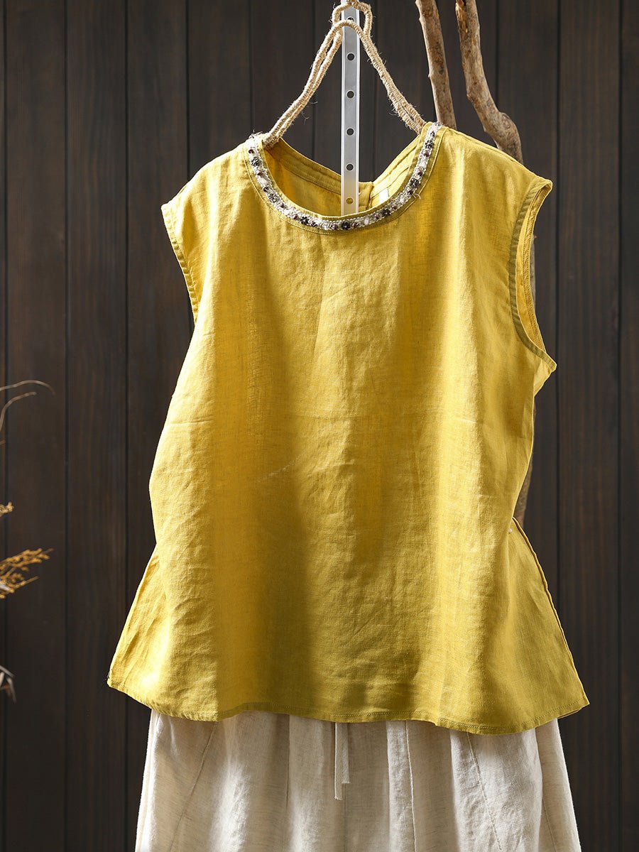 Women Summer Artsy Pure Color 100%Linen Spliced O-Neck Shirt