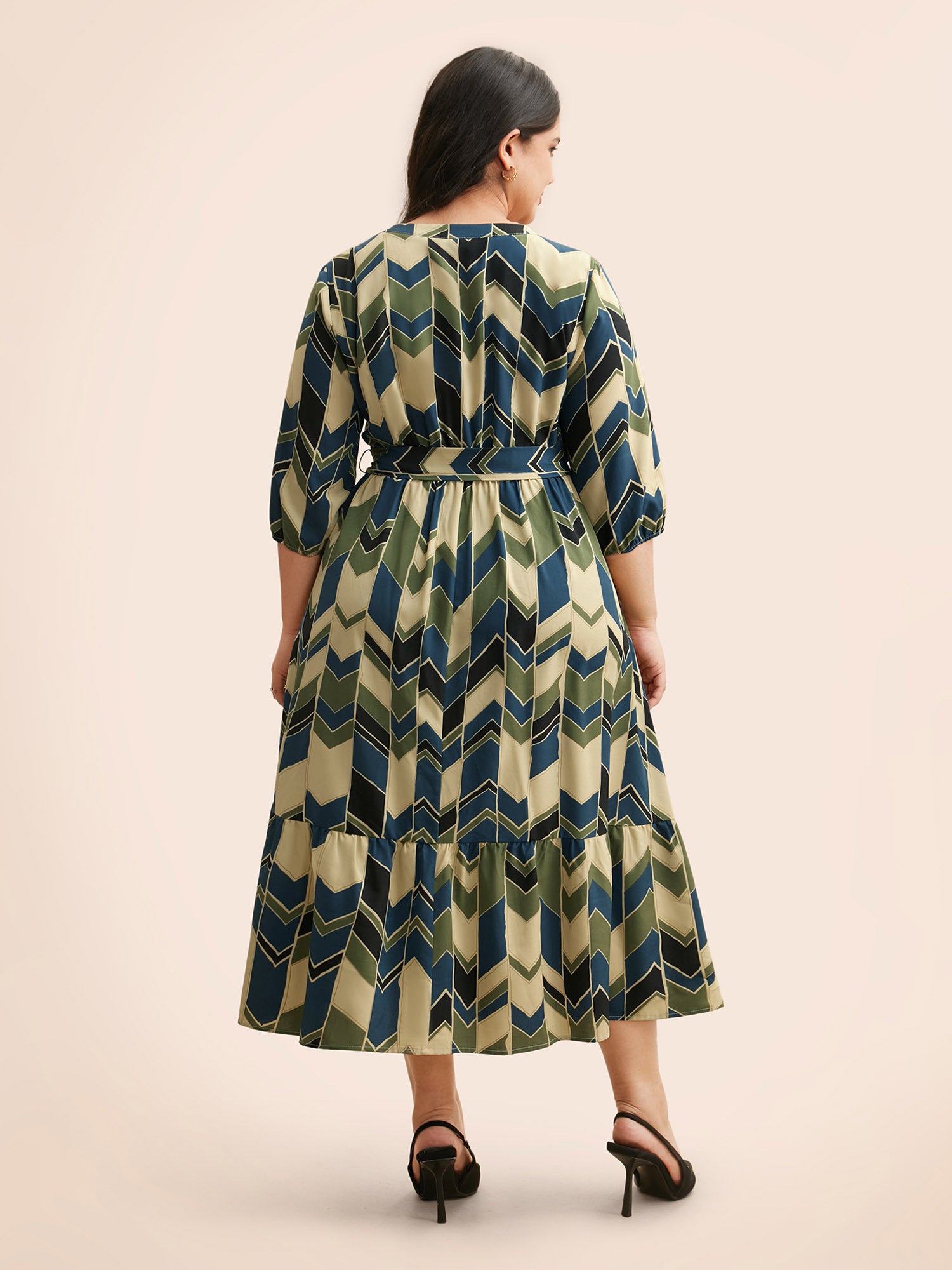 Geometric Contrast Lantern Sleeve Dress
