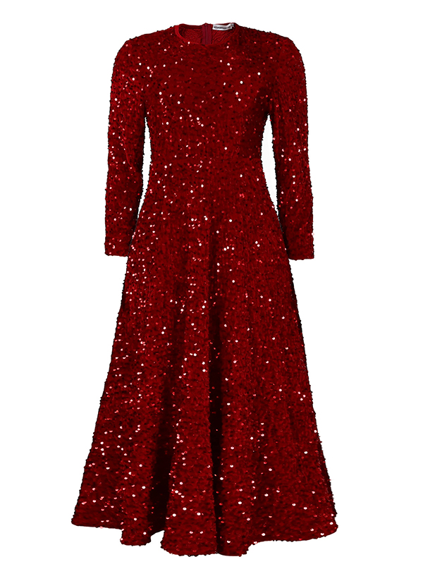 A-Line High Waisted Sequined Split-Joint Zipper Round-Neck Maxi Dresses