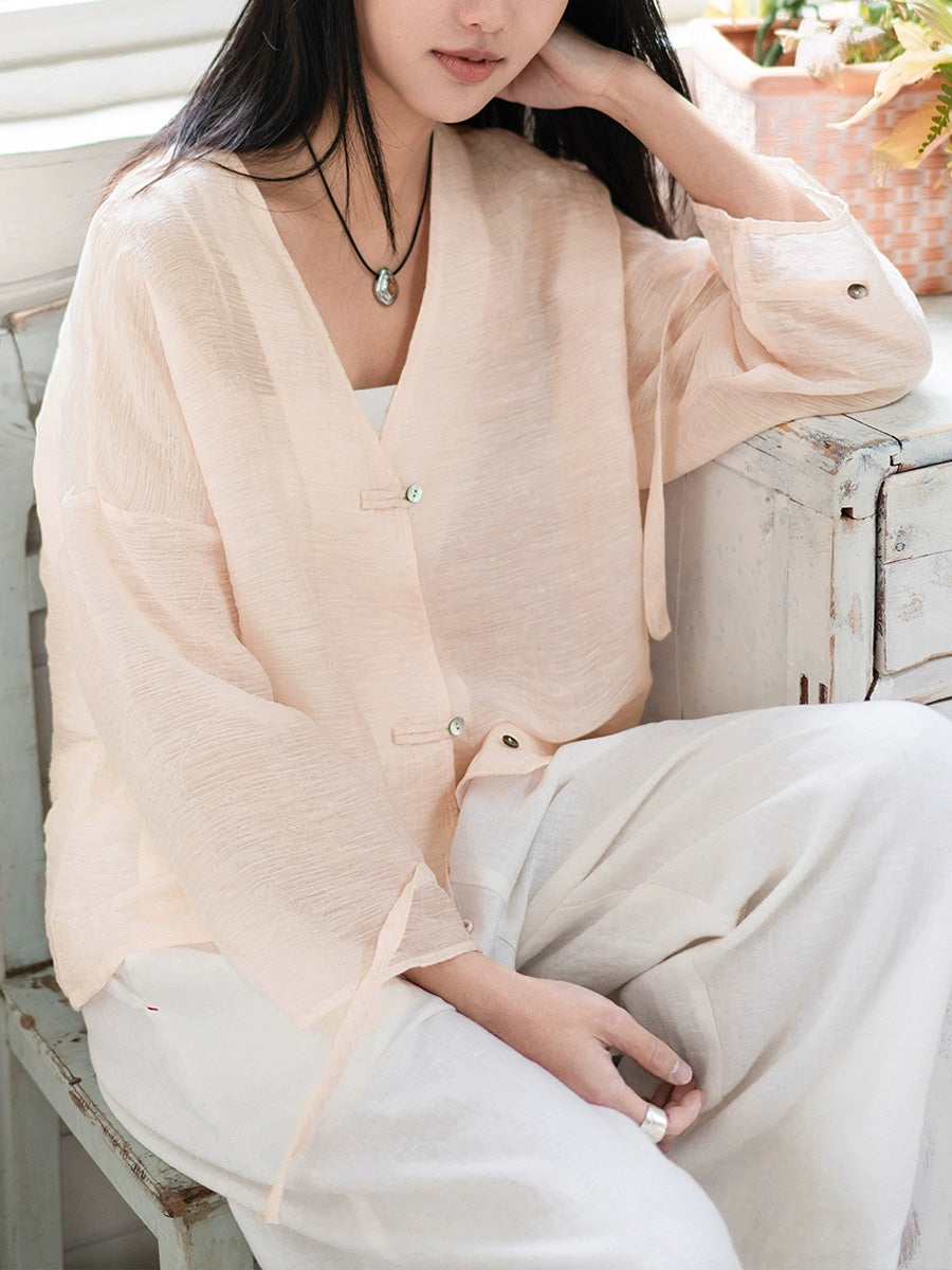 Women Summer Retro Pure Color V-Neck Linen Thin Shirt
