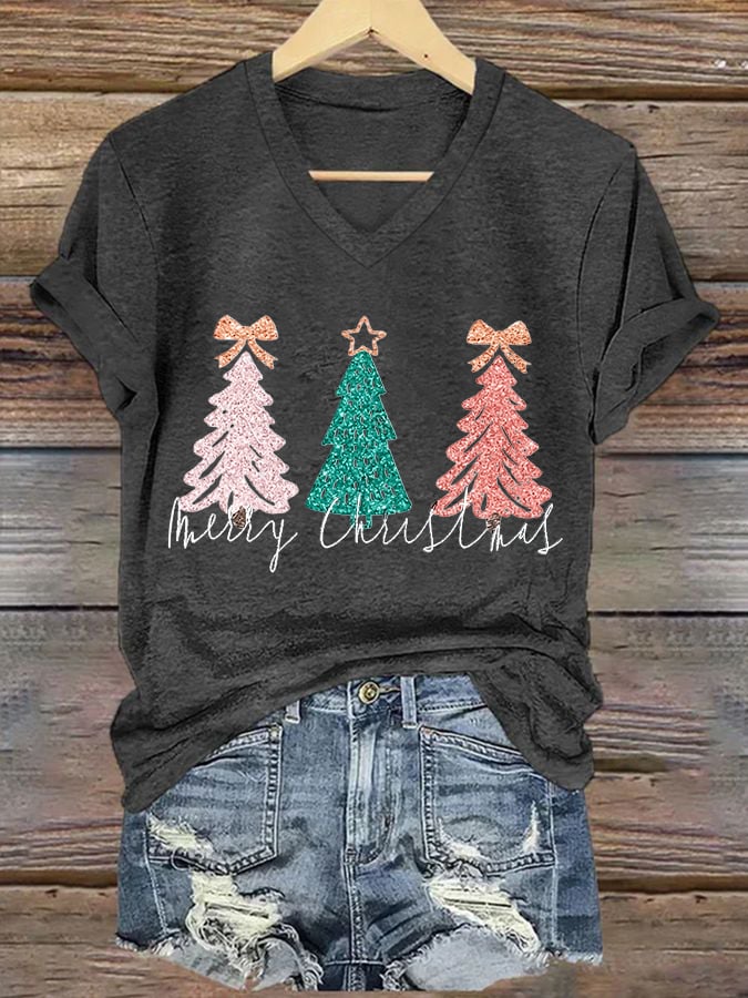 Women's Sequined Merry Christmas Tree Print Casual T-shirt