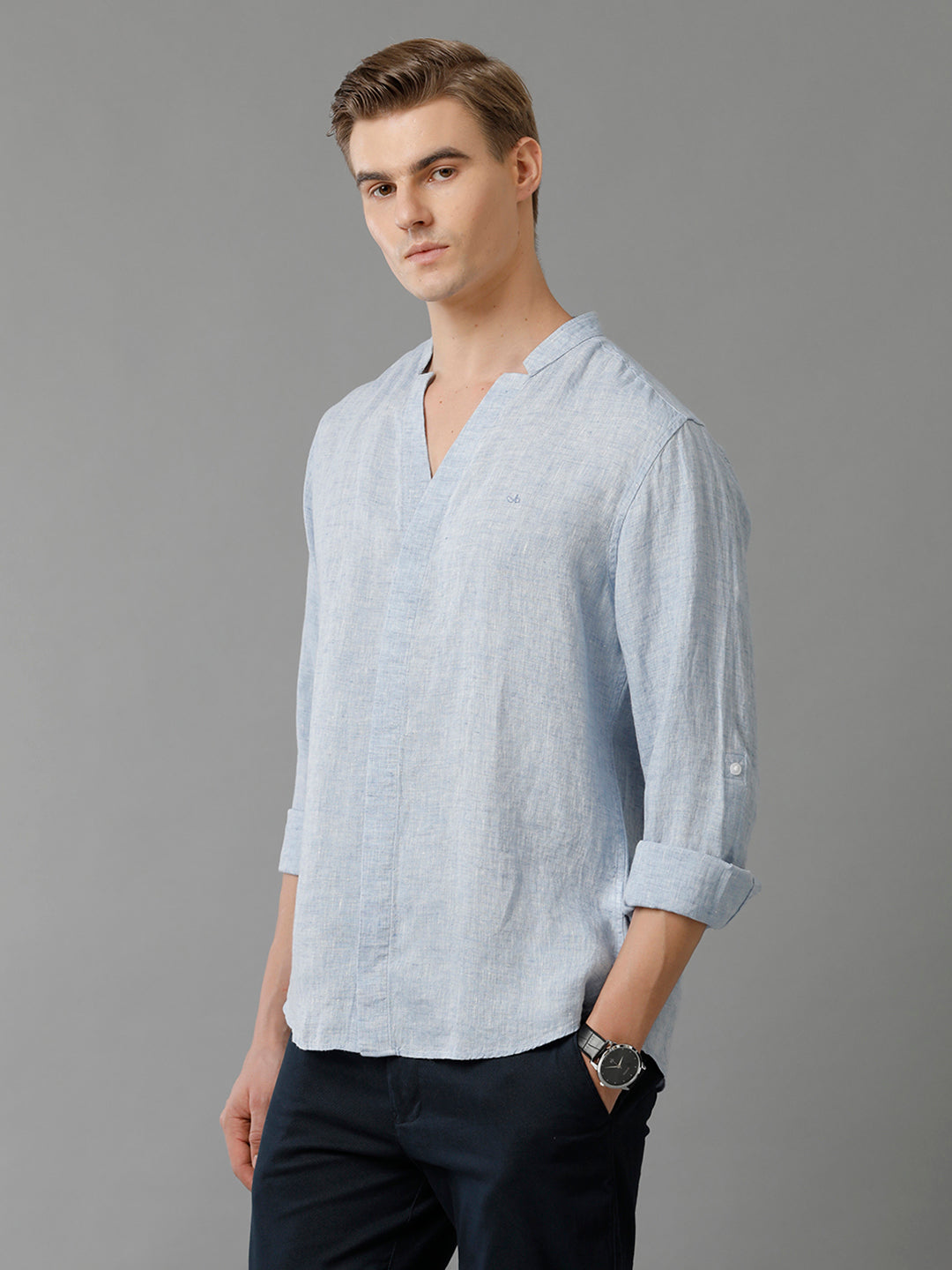 Mens Regular Fit Solid Blue Casual Linen Shirt (LAUNI)