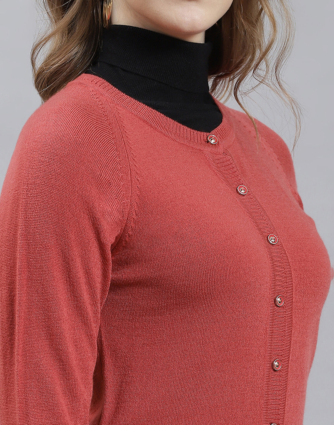 Women Rust Solid Round Neck Full Sleeve Cardigan