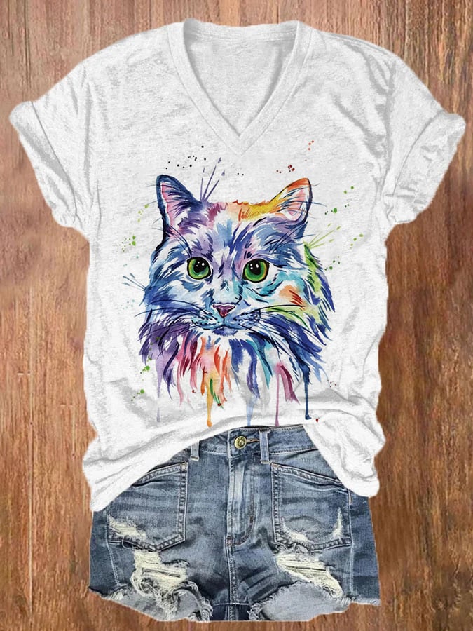 Women's Cute Colorful Cat Printed Casual T-Shirt