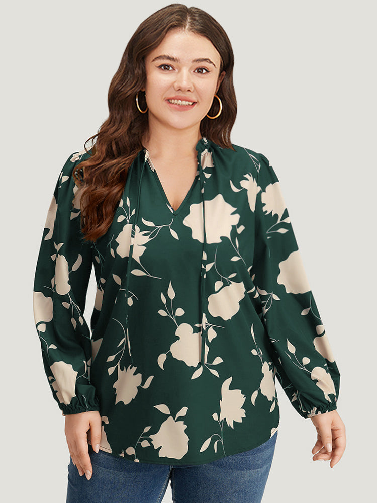 Silhouette Floral Print Stand Collar Tie Neck Blouse