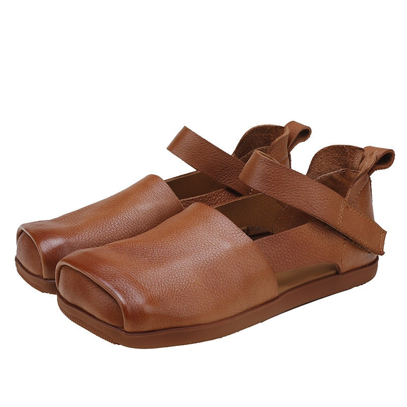 Leather Sandals Square Toe Touch-strap in Brown/Beige/Black