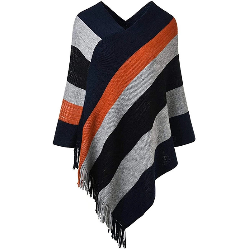 Women's Popular Pullover Cape Knitted Fashionable Color Matching Autumn And Winter Color Stripe Tassel Cape