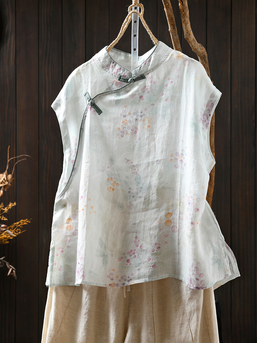 Women Summer Floral 100%Ramie Stand Collar Shirt