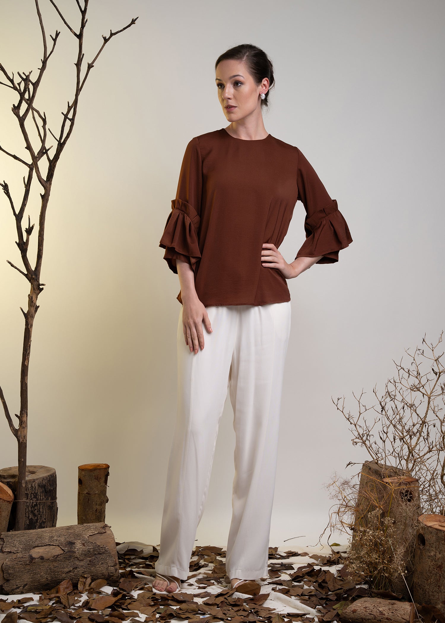 Flounce Sleeve Round Neck Blouse