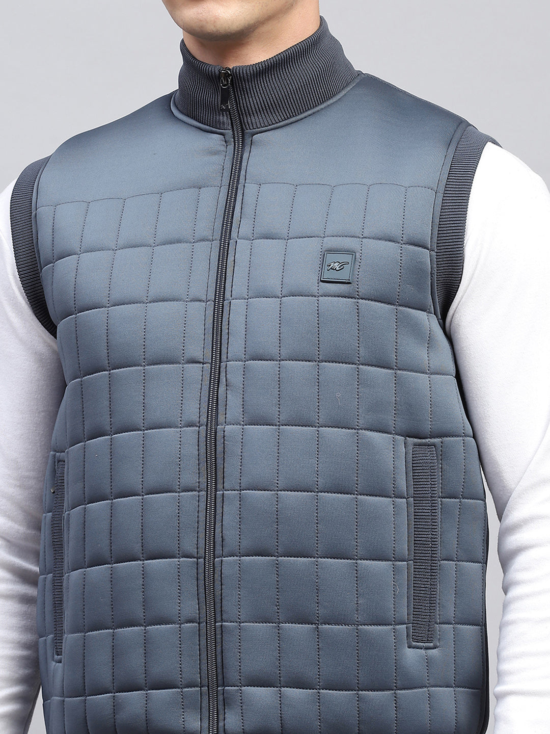 Men Grey Self Design Mock Neck Sleeveless Jacket