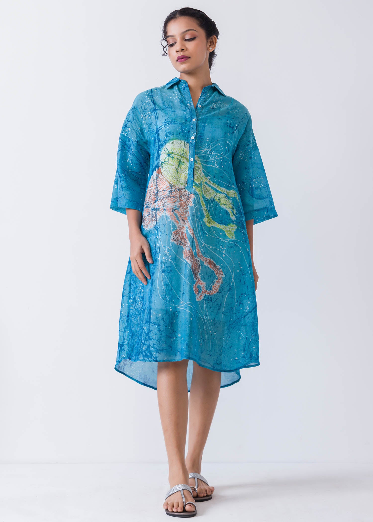 Jelly Fish Hand Painted Batik Short Placket Shirt dress