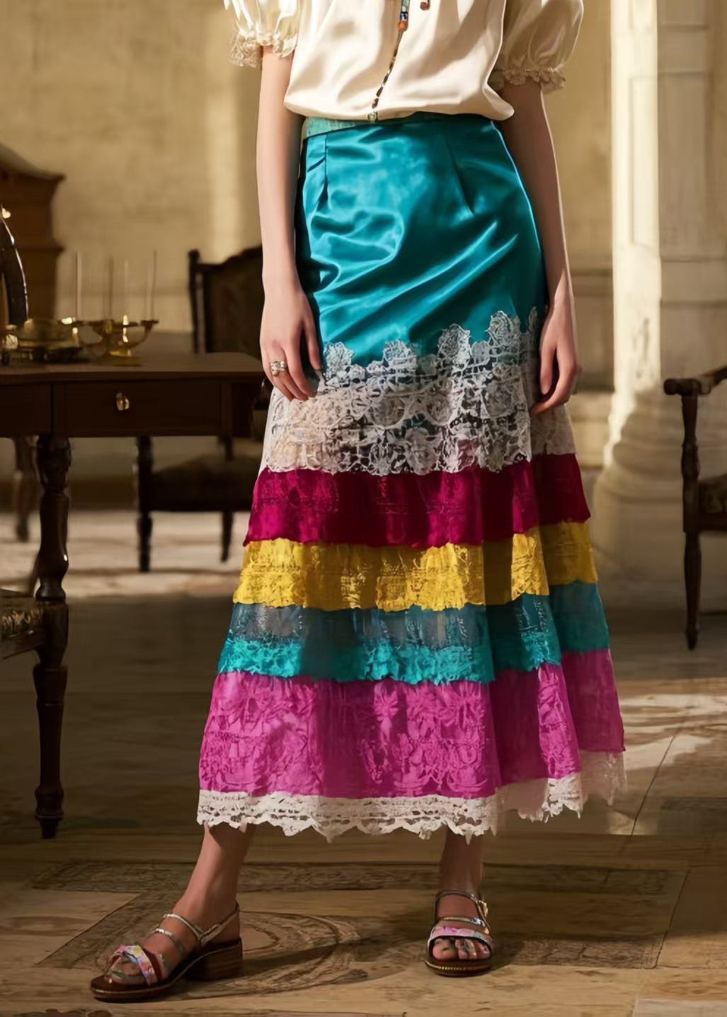 National Style Peacock Blue Patchwork Lace A Line Skirt