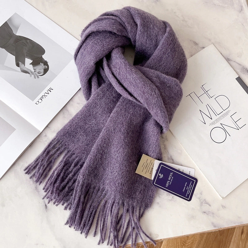 White Pure Wool Scarf Female Winter Student Warm Scarf New Versatile Tassel Narrow Scarf Couple
