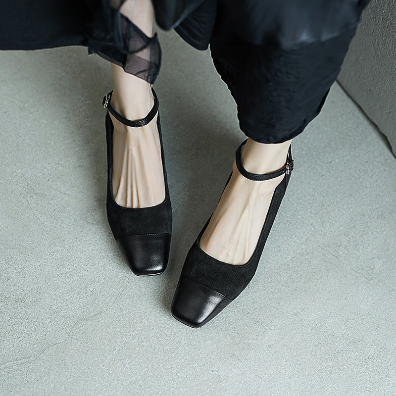 Elegant Washed Horsehide 45mm Block Heel Suede Mary Jane Shoes in Black/Red