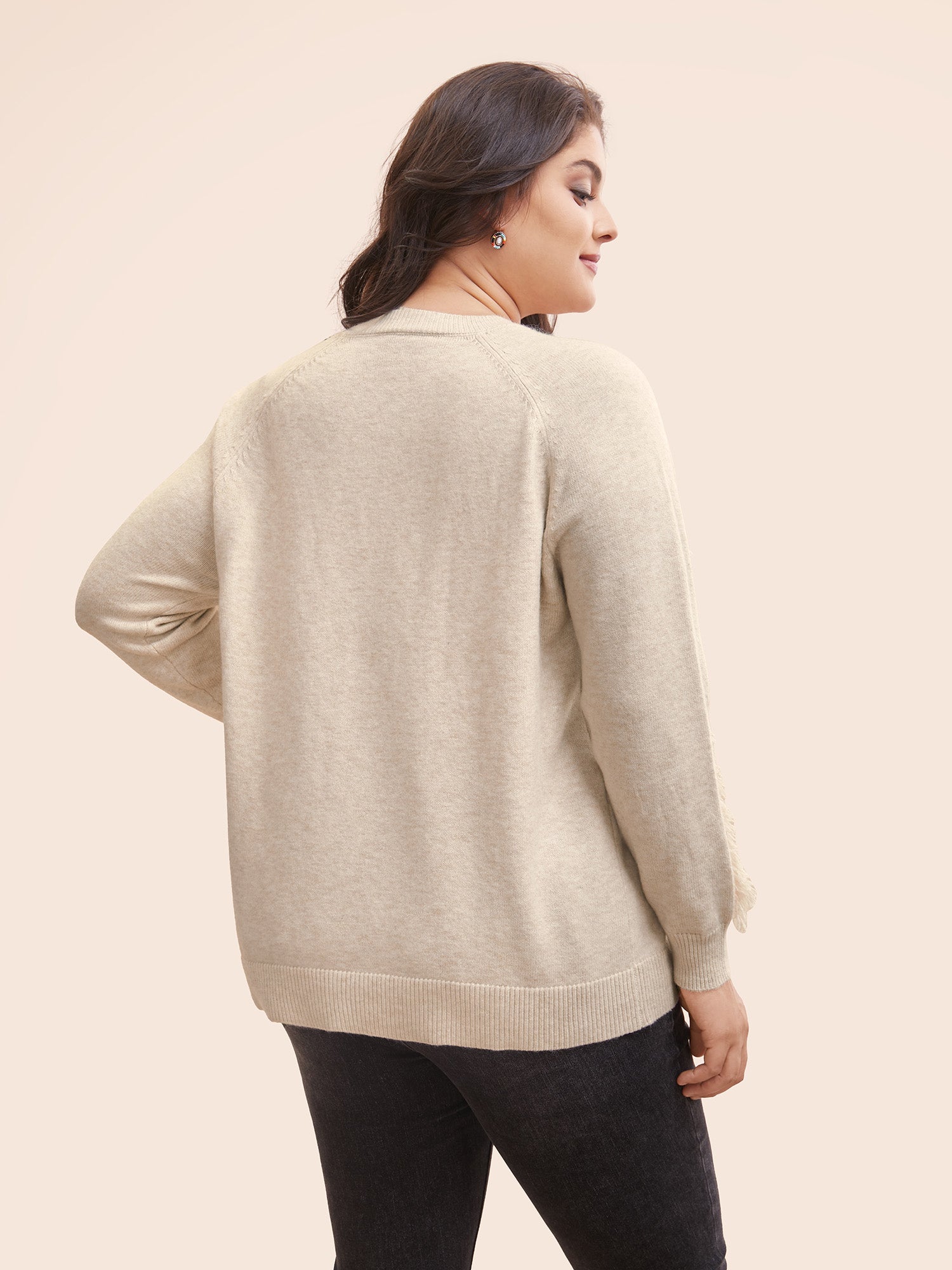 V Neck Raglan Sleeve Fuzzy Trim Pullover