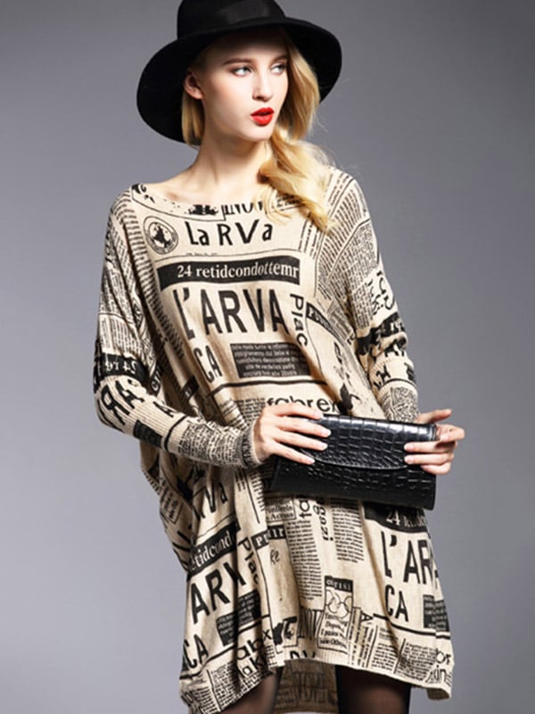 Vintage Loose One-Shoulder Newspaper Printed Split-Joint Sweater