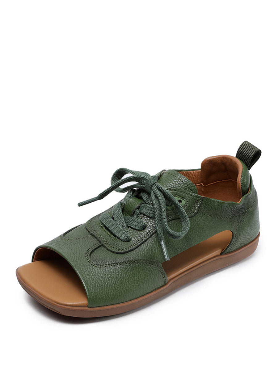 Women Summer Genuine Leather Open Toe Flat Sandals