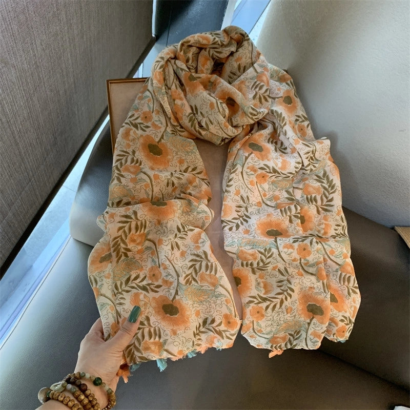 Women's Retro Sweet Flower Polyester Printing Scarf Shawl