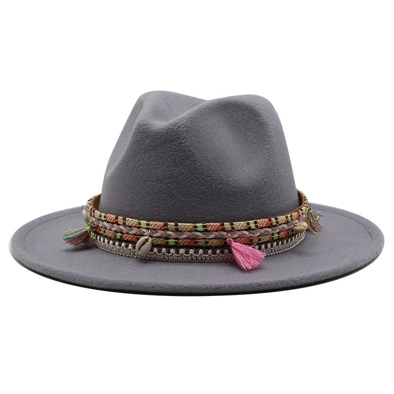 Hot Sale Woolen Hat Tassel Ethnic Style Jazz Hat Retro Flat Brim Big Brim Hat