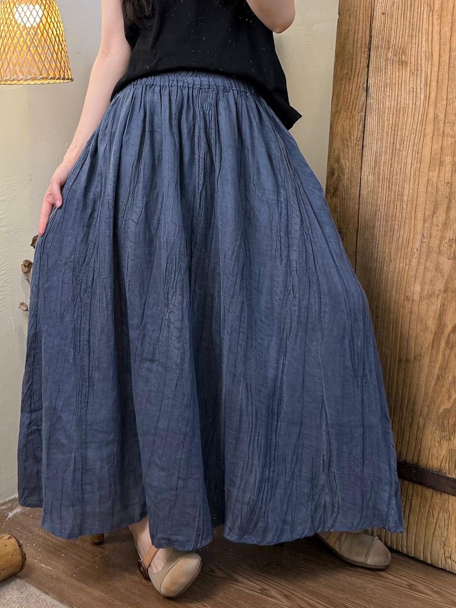 Women Summer Vintage Pure Color Ramie Skirt