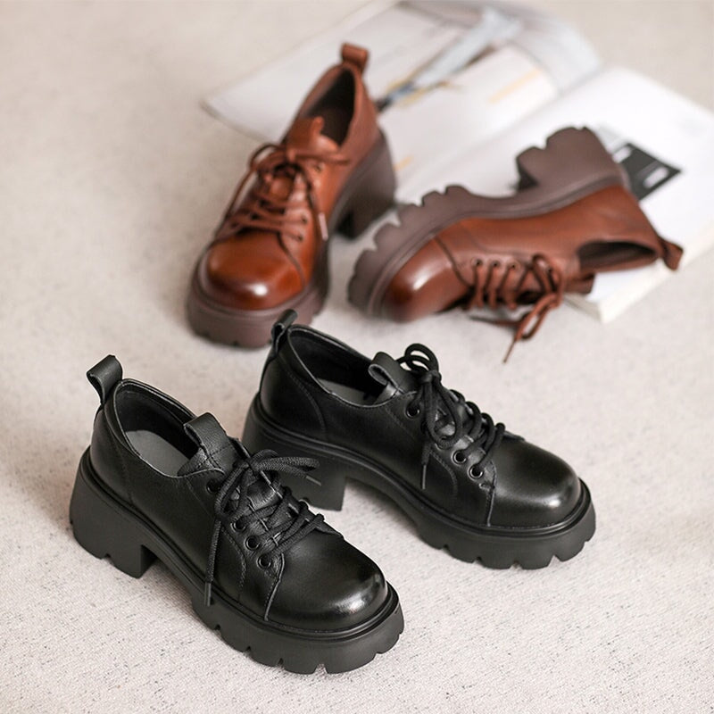 British Style 55mm Chunky Platform Oxford Shoes Cow Leather Lace-Up Loafers in Black/Brown