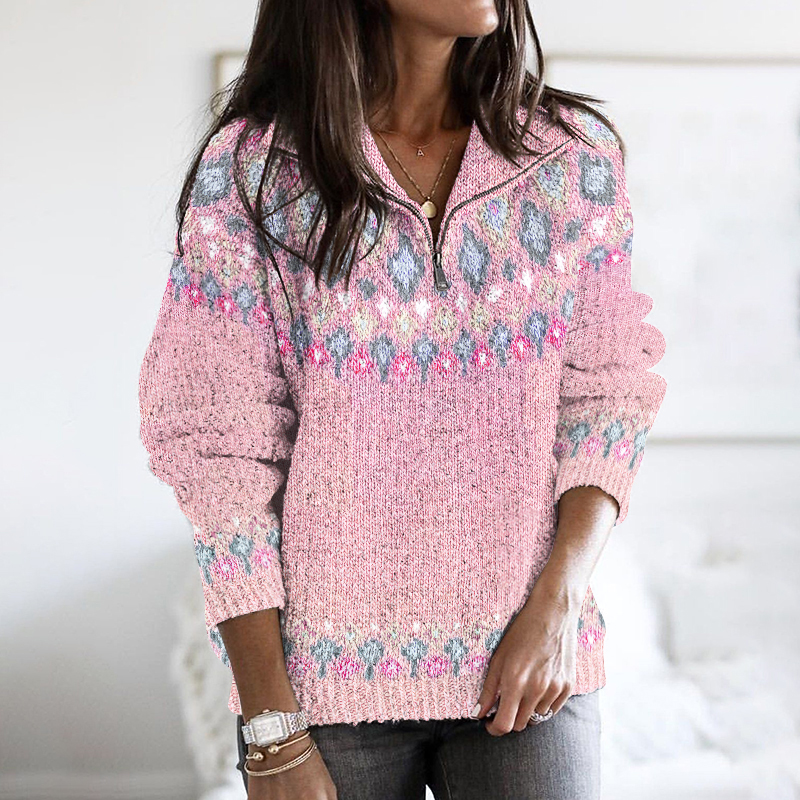 Vintage Geometric Jacquard Contrast Pattern Sweater