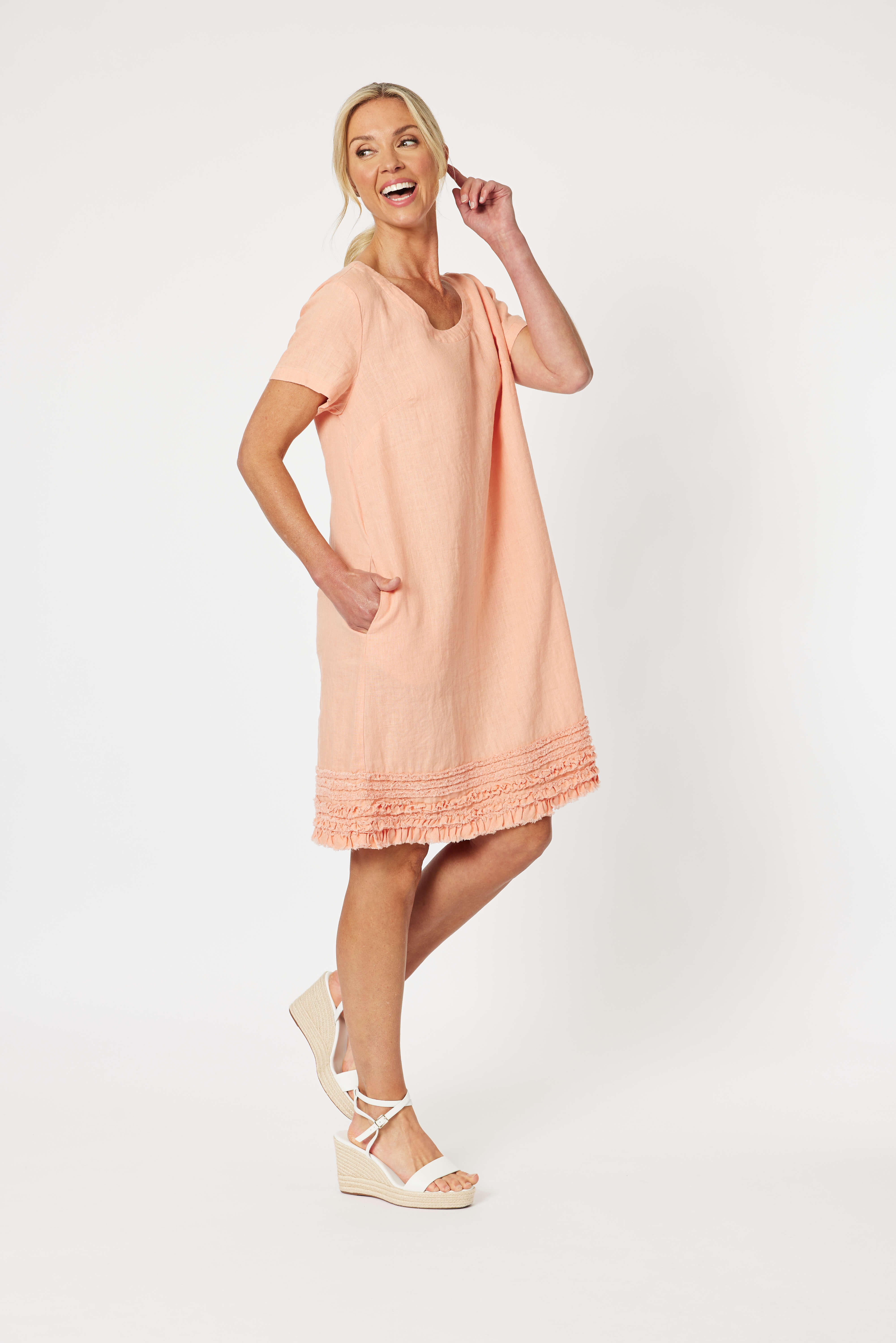 Ruffle Hem Linen Scop Neck Dress