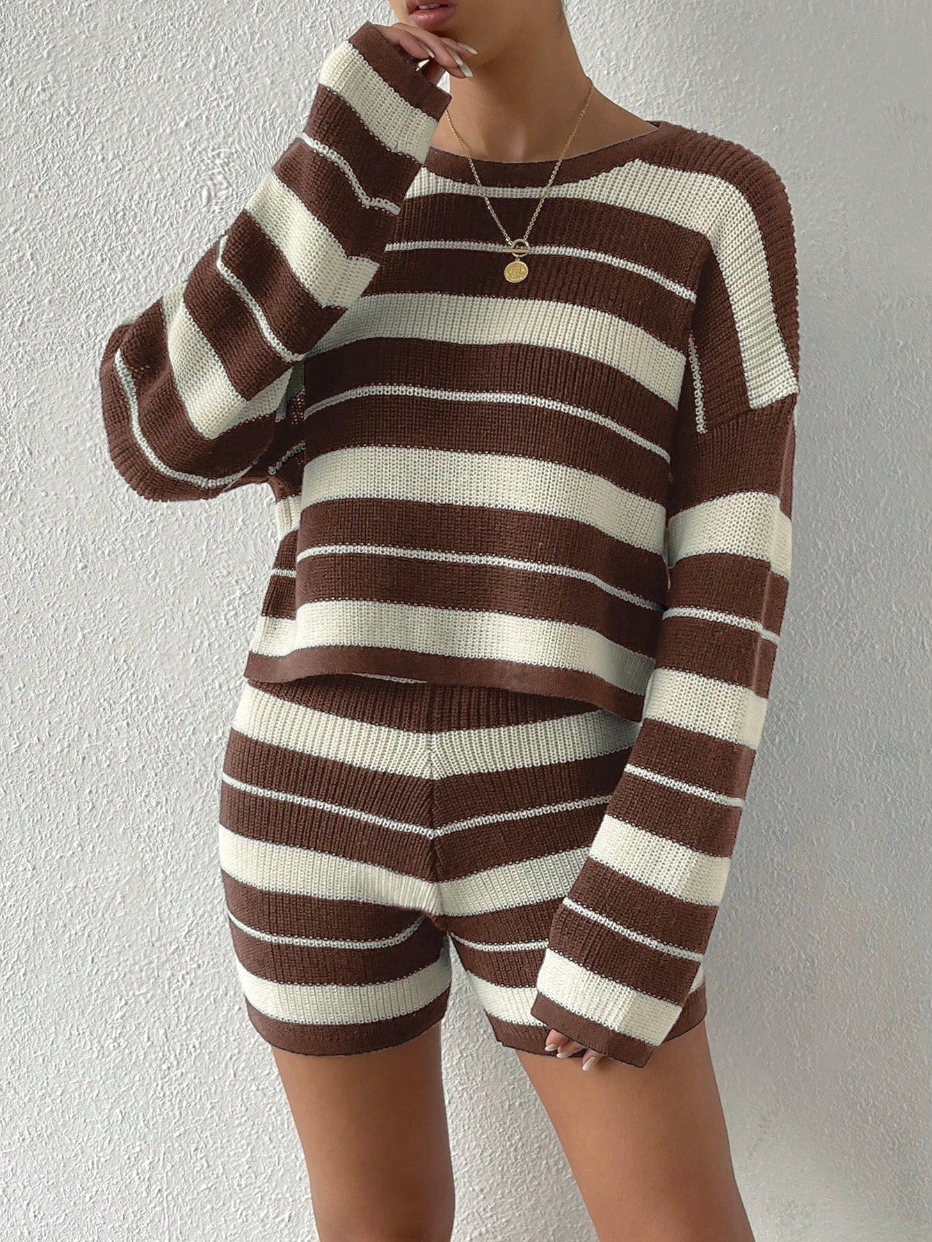 Essnce Striped Pattern Drop Shoulder Sweater & Knit Shorts