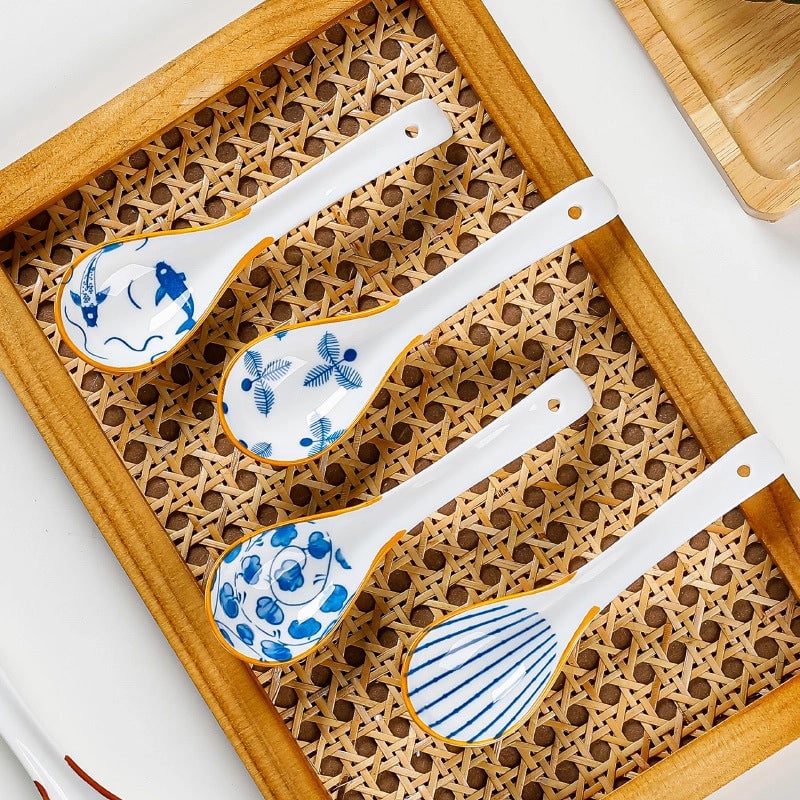 Small Soup Spoon Creative Blue And White Ceramic Spoon Household Thickened Curved Handle Anti-scalding Food Soup Spoon