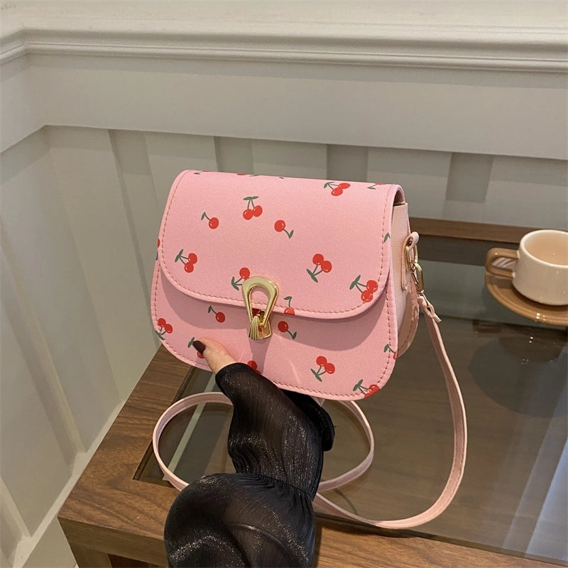 Simple Trendy  Cherry Print Elegant Twist Lock Shoulder Bag Fresh Crossbody Small Square Bag