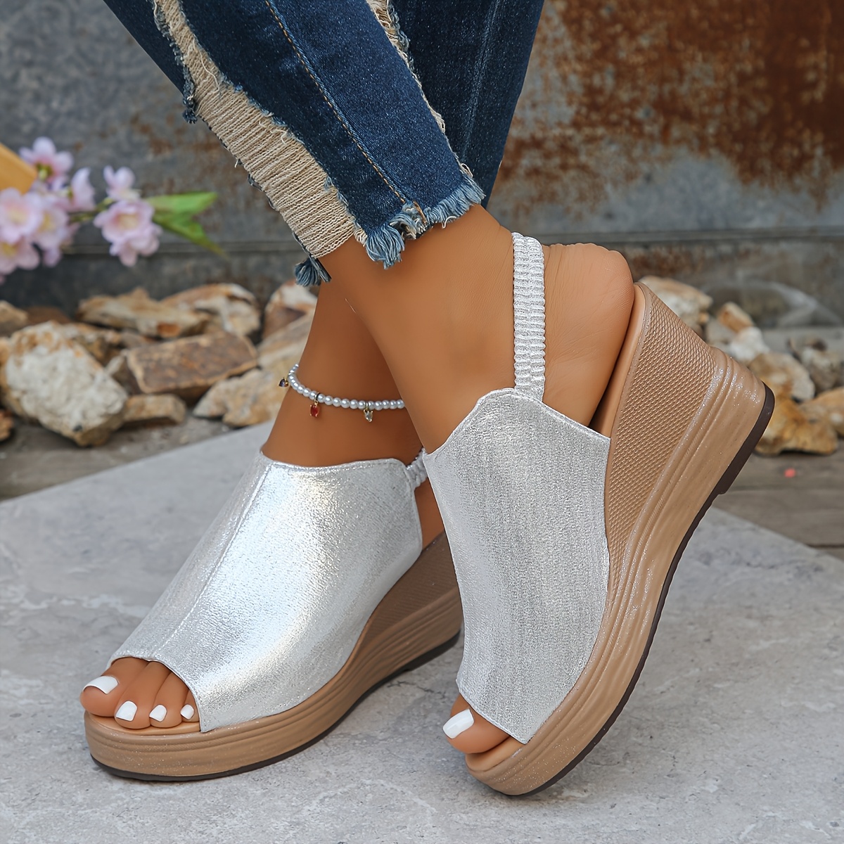 Women's Metallic Golden Slip-On Wedge Sandals - Open Toe, Faux Cover, Comfortable Thick Sole, Casual Summer Style, Elastic Ankle Strap, Perfect for Outdoor Wear, Versatile Wedge Shoes | Stylish Metallic Finish | Glittery Strap Detail