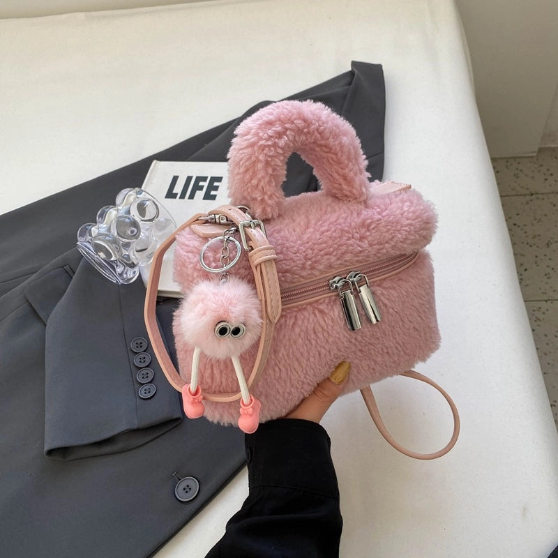 Women's Plush Solid Color Cute Square Zipper Shoulder Bag Handbag Crossbody Bag