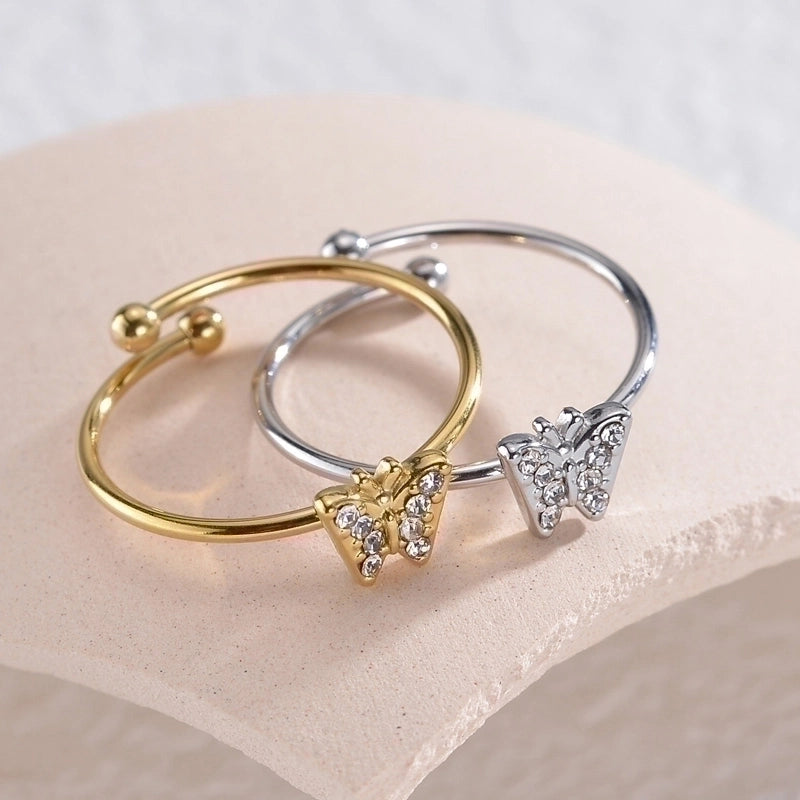 Minimalist Classic Style Butterfly Stainless Steel Plating Inlay Rhinestones 14k Gold Plated Open Rings