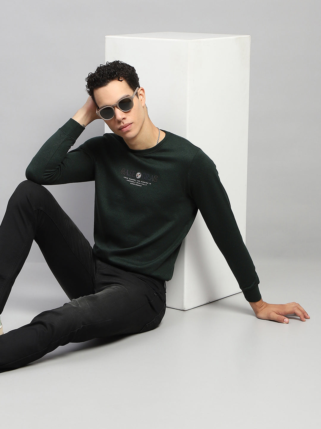 Men Green Printed Round Neck Full Sleeve Winter T-Shirt