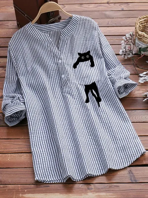 V-neck Cotton And Cat Print Long Sleeve Blouse