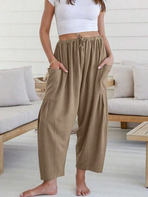 Column Loose Elasticity Pockets Solid Color Casual Pants Bottoms Trousers