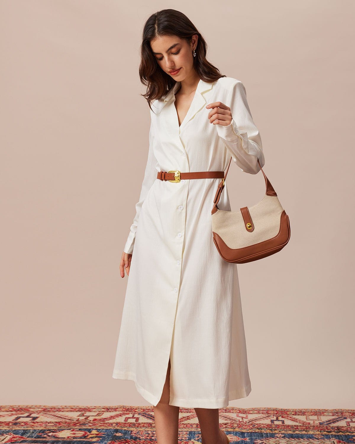 The Beige Lapel Long Sleeve Shirt Midi Dress