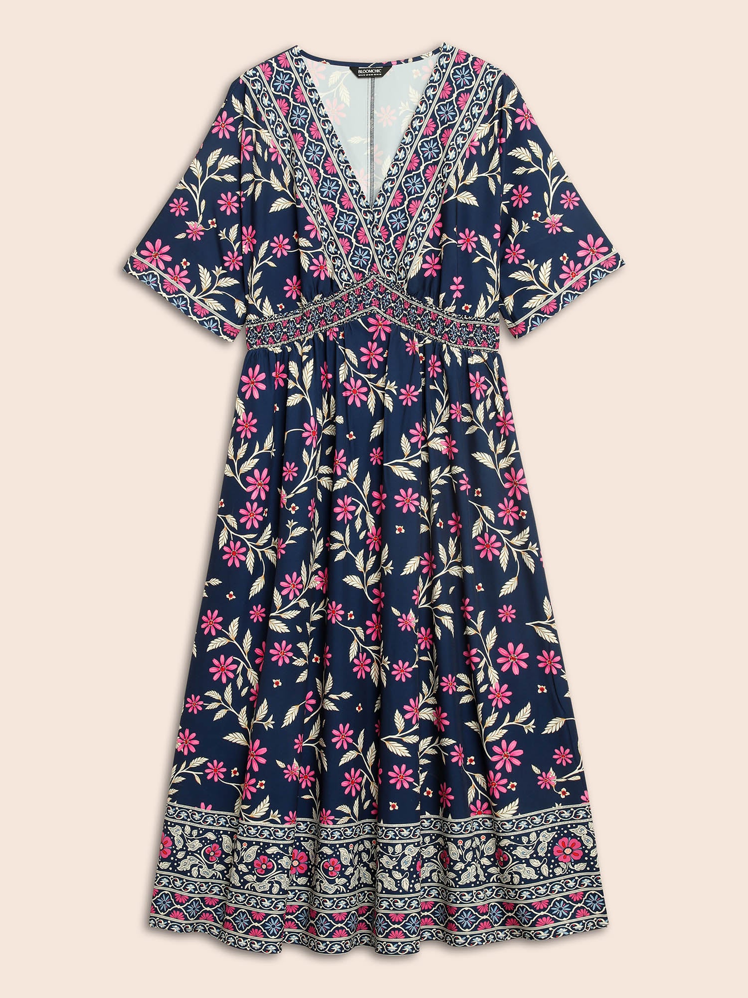 Boho Print Overlap Collar Shirred Dress