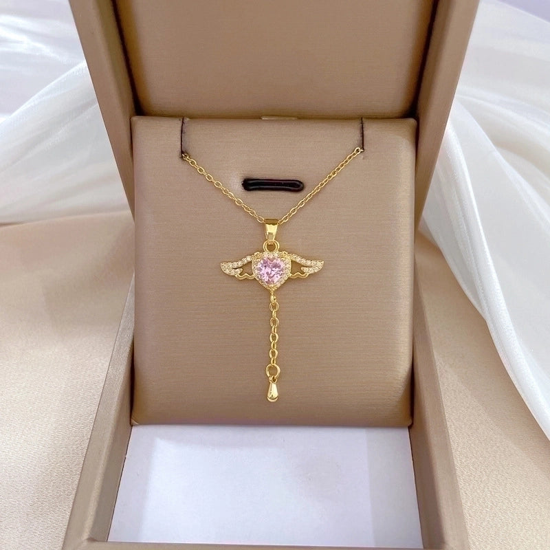 2 Pieces Minimalist Classic Style Geometric Heart Shape Titanium Steel Copper Zircon Pendant Necklace In Bulk