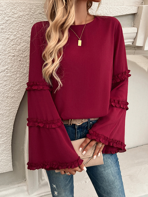 Flared Sleeves Long Sleeves Solid Color Split-Joint Round-Neck T-Shirts Tops