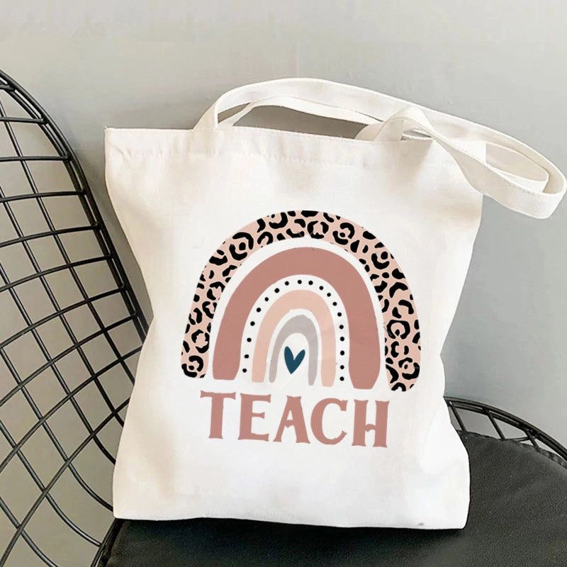 Hot Selling Kawaii Heart-shaped Printed Tote Bag For Teachers And Students One-shoulder Large Capacity White Cotton Bag