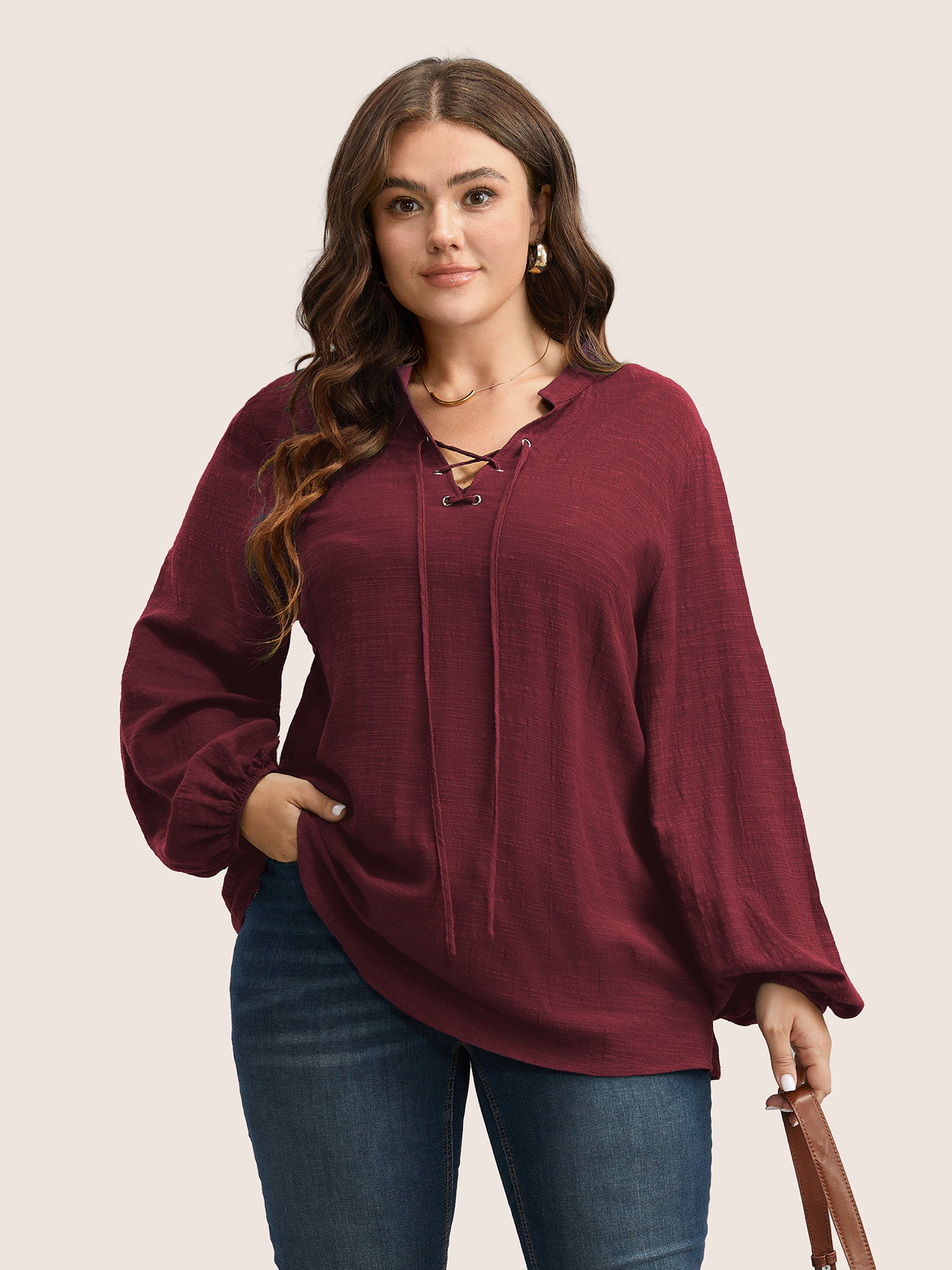 Plain Lace Up Lantern Sleeve Blouse