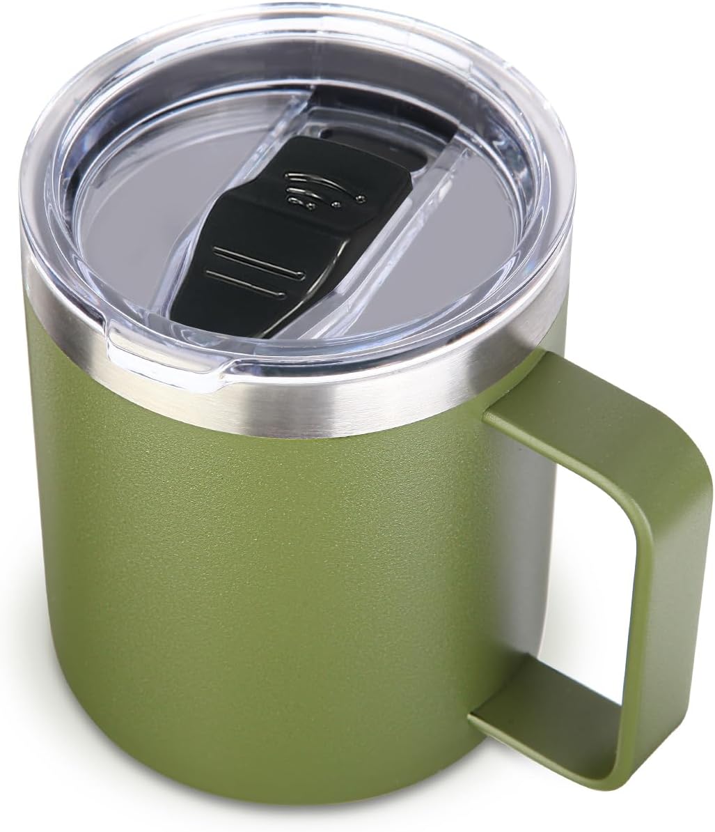 Volhoply 14oz Insulated Stainless Steel Coffee Mug with Leakproof Lid,Double Wall Vacuum Travel Coffee Cup with Handle,Reusable Metal Tumbler,Camping Mugs Keep Hot/Cold,Christmas Gifts(Black,1