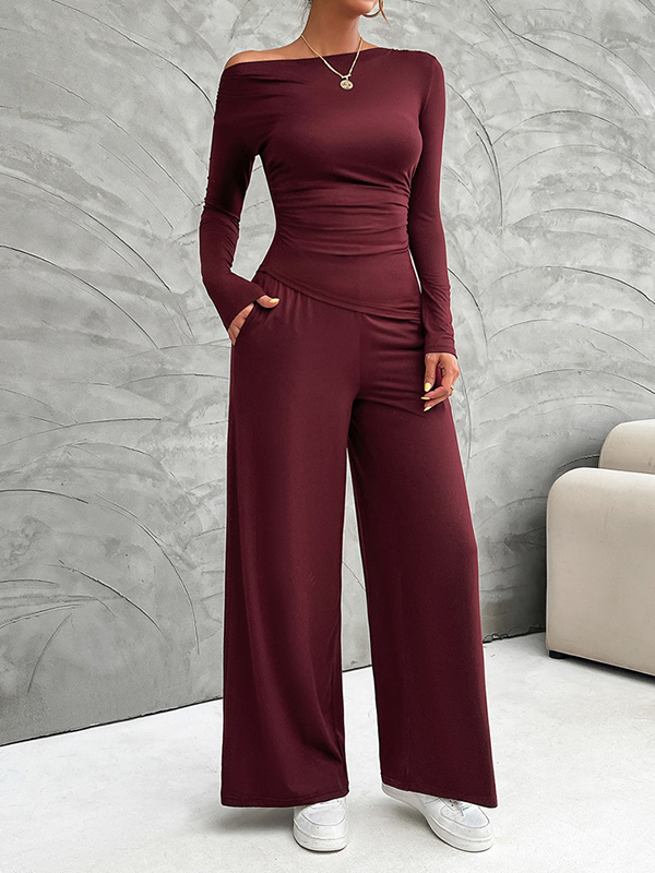Solid Color Split-Joint Long Sleeves Skinny Pleated Boat Neck Asymmetric T-Shirt Top + Pockets Pants Bottom Two Pieces Set