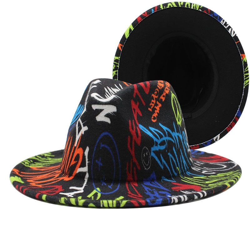 New Graffiti Printed Large Brim Wool Felt Hat Men's And Women's Spring And Autumn Pattern Topper Hat New Jazz Hat