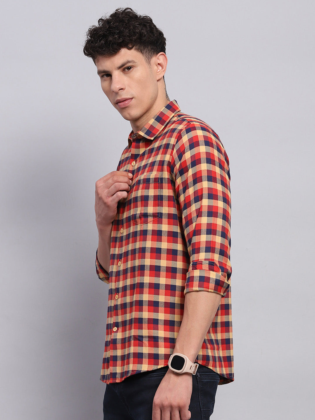 Men Red Check Collar Full Sleeve Shirt