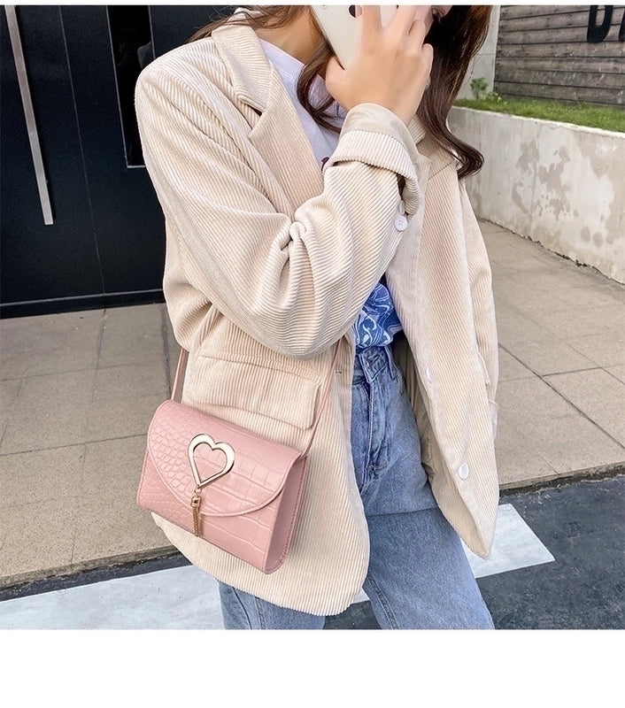 Women's Small Pu Leather Heart Shape Crocodile Fashion Square Flip Cover Crossbody Bag